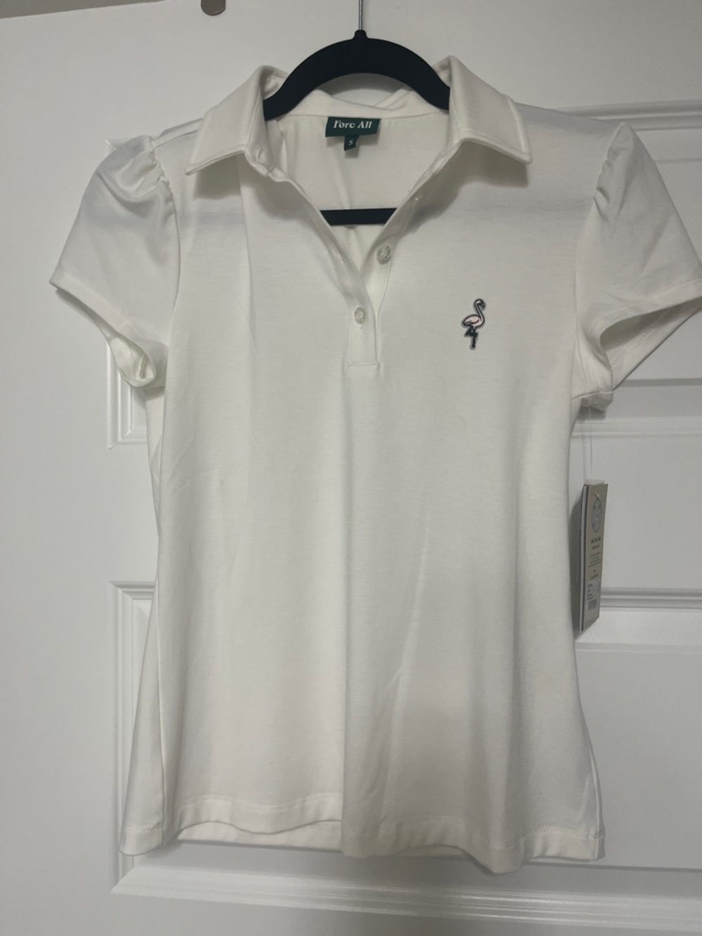 For All White Short-Sleeve Polo with Flamingo Embroidery